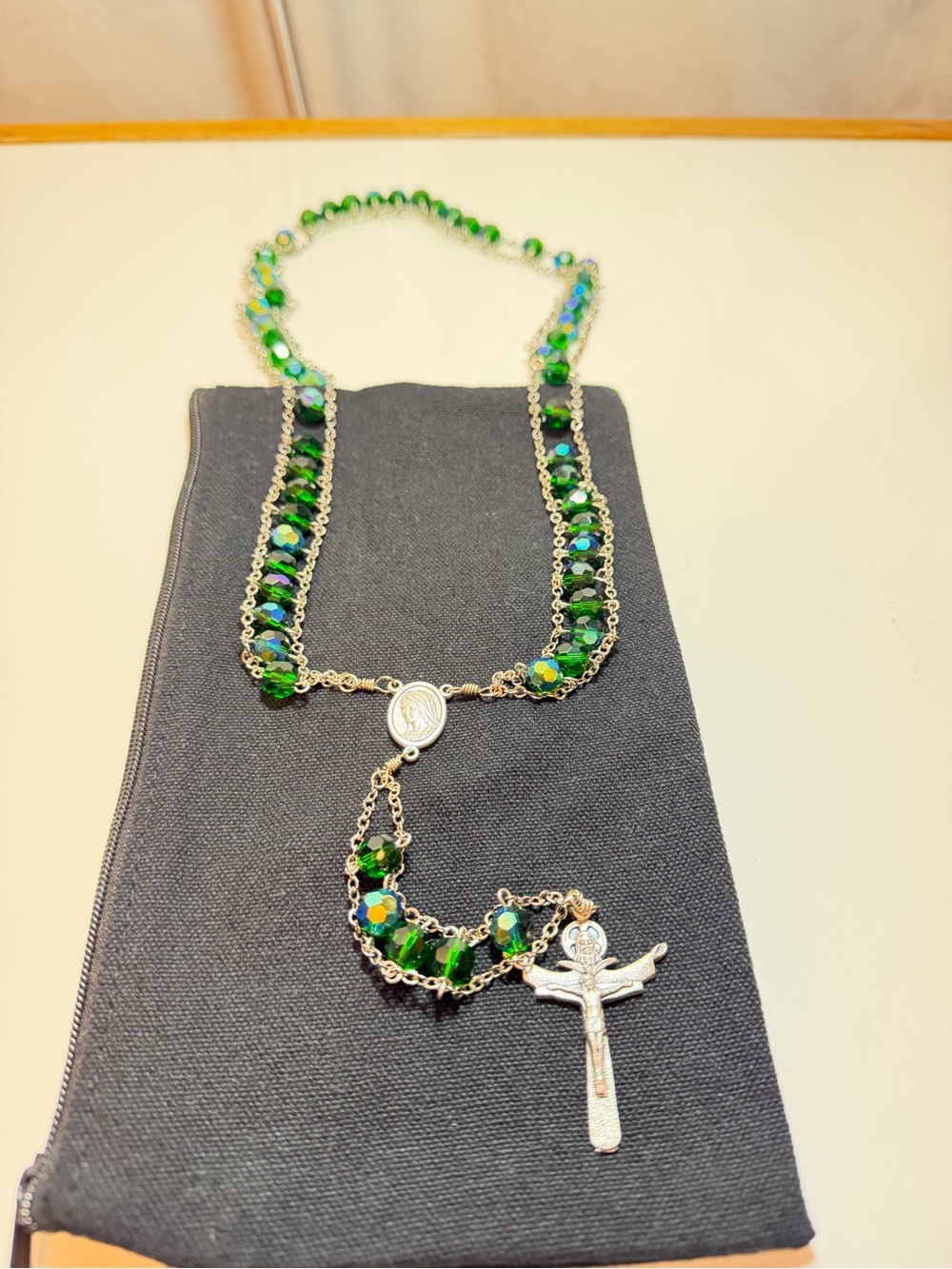 Medjugorje Holy Trinity Rosary Green Iridescent AB Crystal Beads Divine Mercy